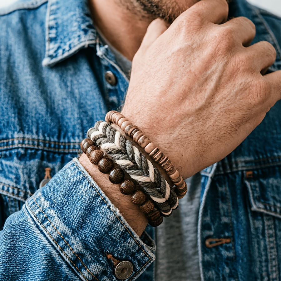 3pc Vintage Braided Rope Bracelet Set for Men, Black Wooden Beads